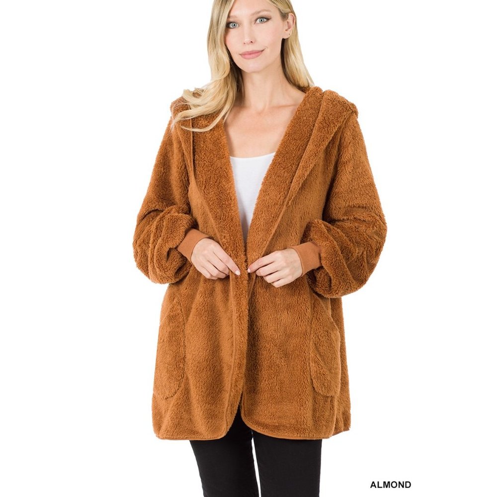 Brown Teddy Sherpa Jacket with Sherpa Shawl Collar Ribbed Cuffs Pockets & Hoodie - Picture 3 of 6